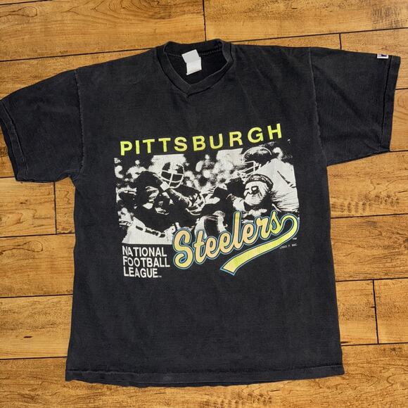 Vintage Logo 7 Pittsburgh Steelers T-Shirt Black XL 21x27 Single Stitch USA - Picture 1 of 7